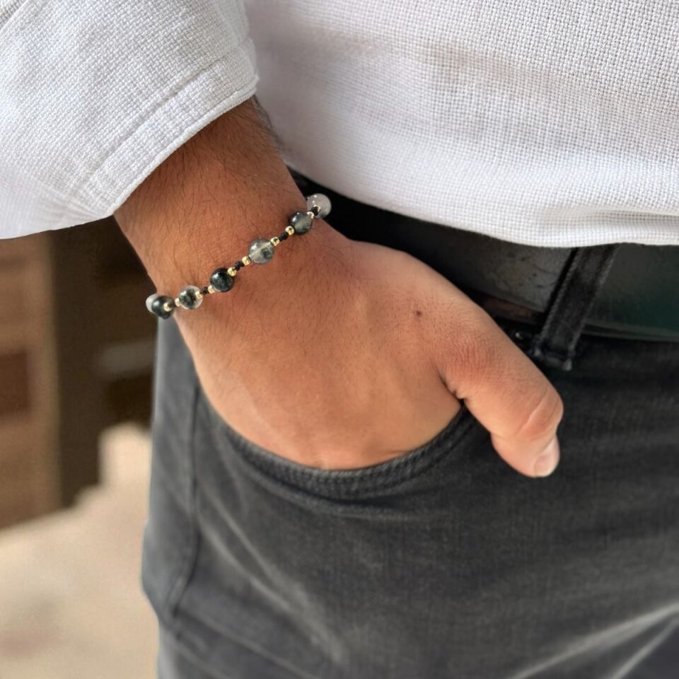 14 AYAR ÖZEL TASARIM YOSUNLU AKİK TAŞLI VE ALTIN TOPLU İP BİLEKLİK