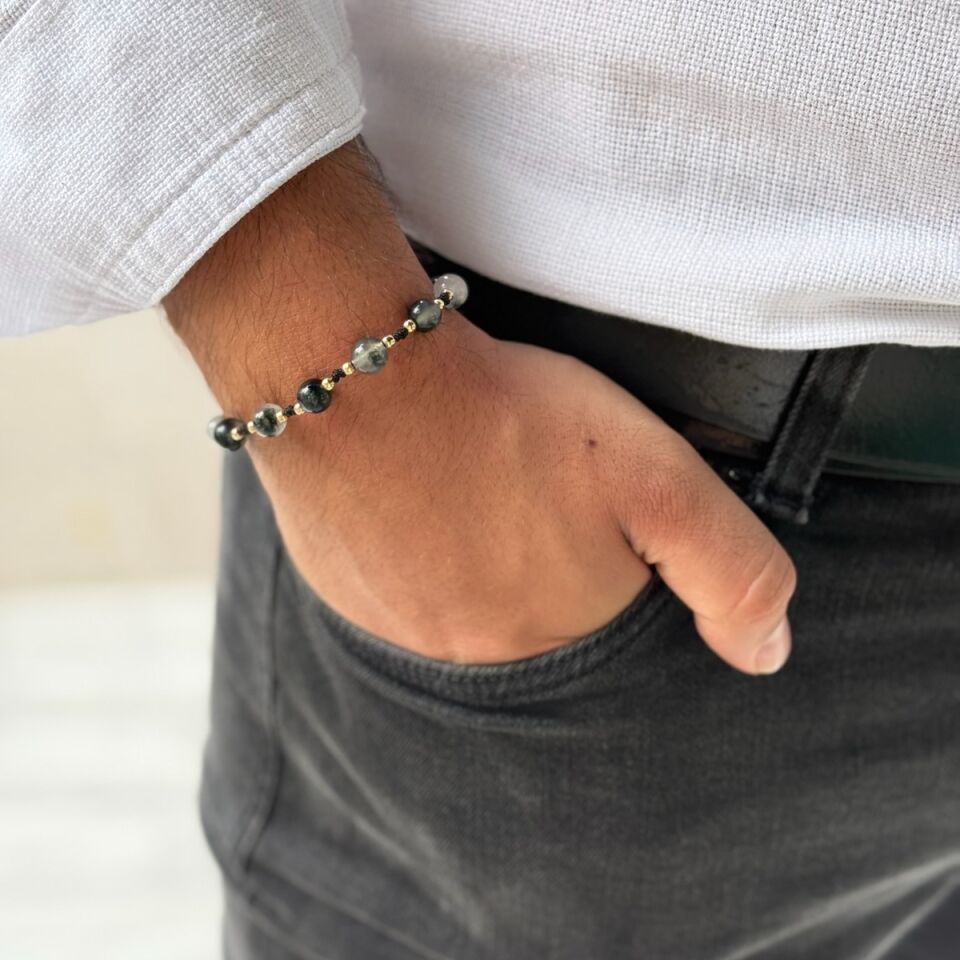 14 AYAR ÖZEL TASARIM YOSUNLU AKİK TAŞLI VE ALTIN TOPLU İP BİLEKLİK