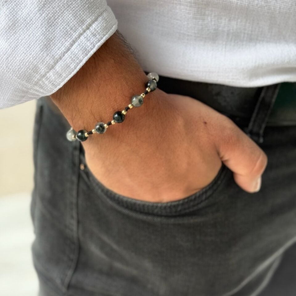 14 AYAR ÖZEL TASARIM YOSUNLU AKİK TAŞLI VE ALTIN TOPLU İP BİLEKLİK