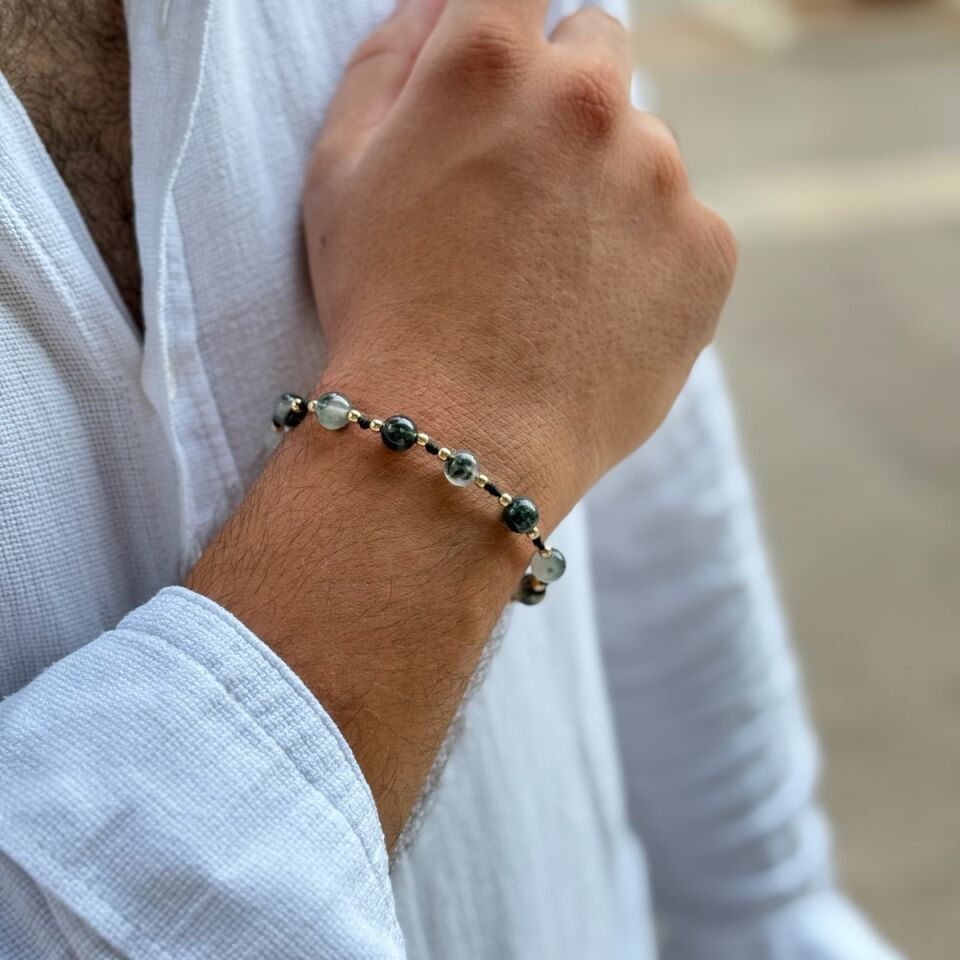 14 AYAR ÖZEL TASARIM YOSUNLU AKİK TAŞLI VE ALTIN TOPLU İP BİLEKLİK