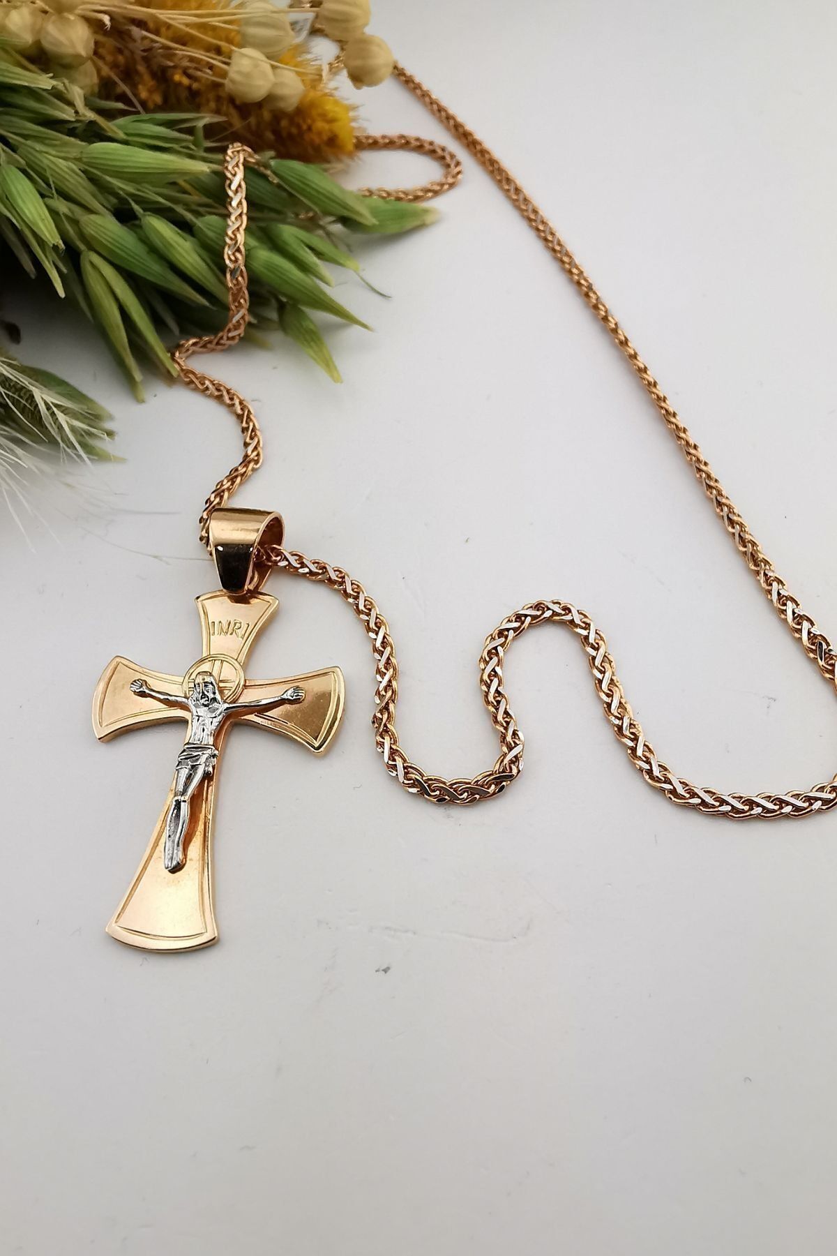 14 Ayar Kadın Rose Rengi Italyan Zincirli Haç Kolye