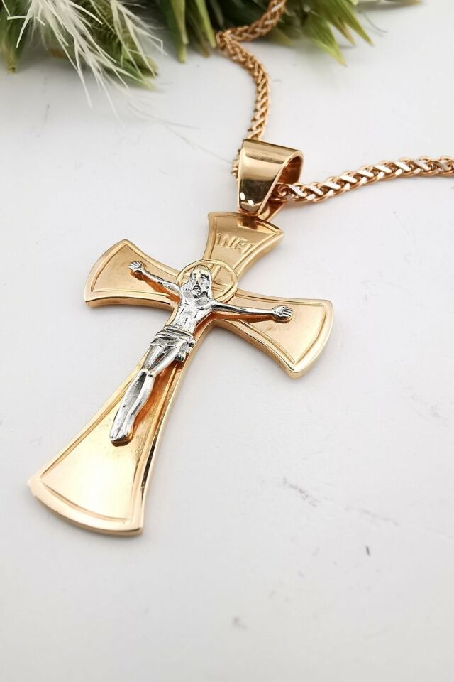 14 Ayar Kadın Rose Rengi Italyan Zincirli Haç Kolye