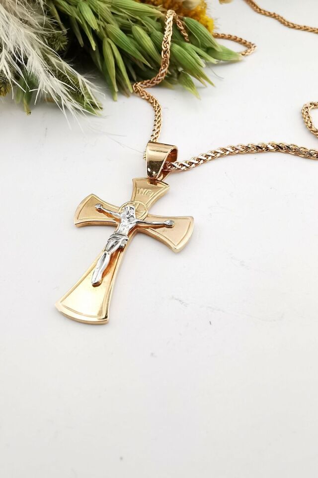 14 Ayar Kadın Rose Rengi Italyan Zincirli Haç Kolye