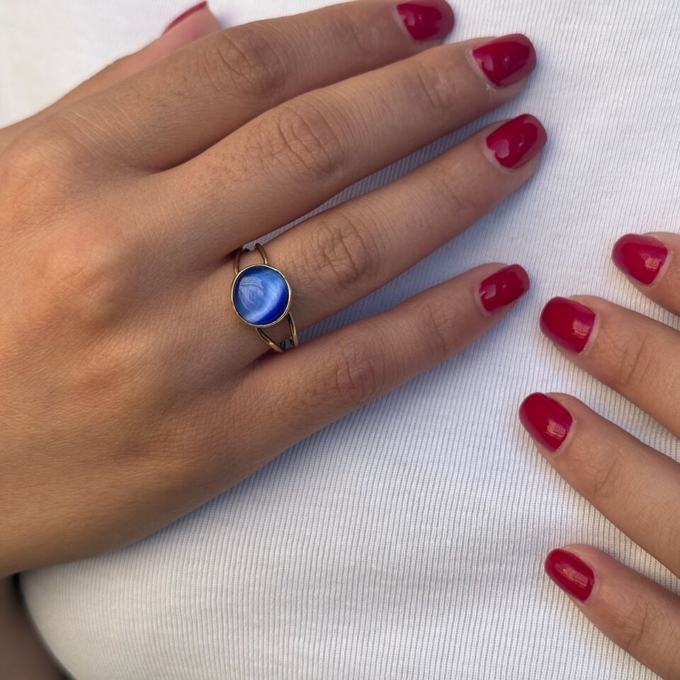 14 AYAR LACİVERT KEDİGÖZÜ ALTIN YÜZÜK