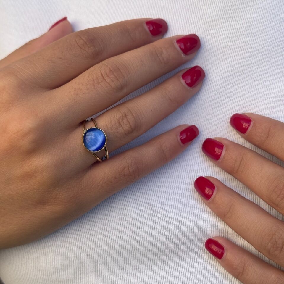 14 AYAR LACİVERT KEDİGÖZÜ ALTIN YÜZÜK