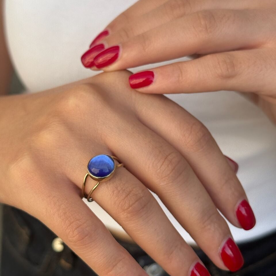 14 AYAR LACİVERT KEDİGÖZÜ ALTIN YÜZÜK