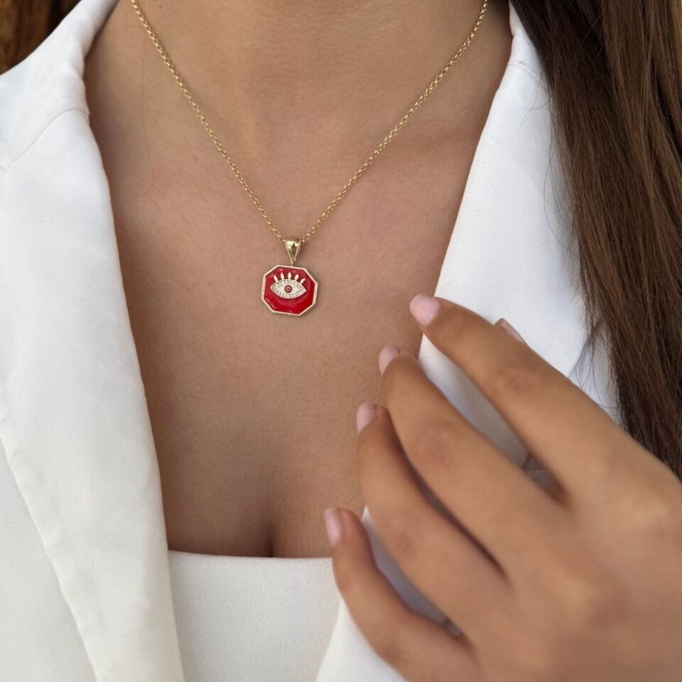 14 AYAR KIRMIZI MİNELİ GÖZ MADALYONLU ALTIN KOLYE