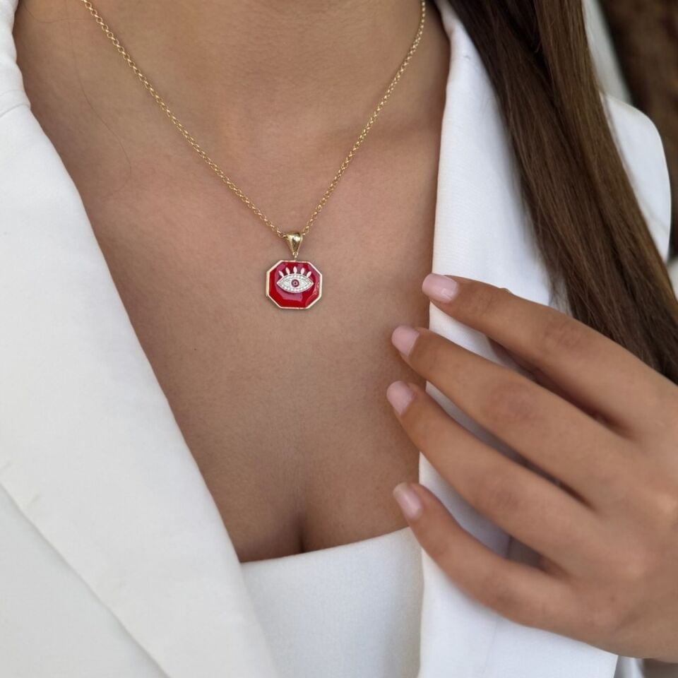 14 AYAR KIRMIZI MİNELİ GÖZ MADALYONLU ALTIN KOLYE