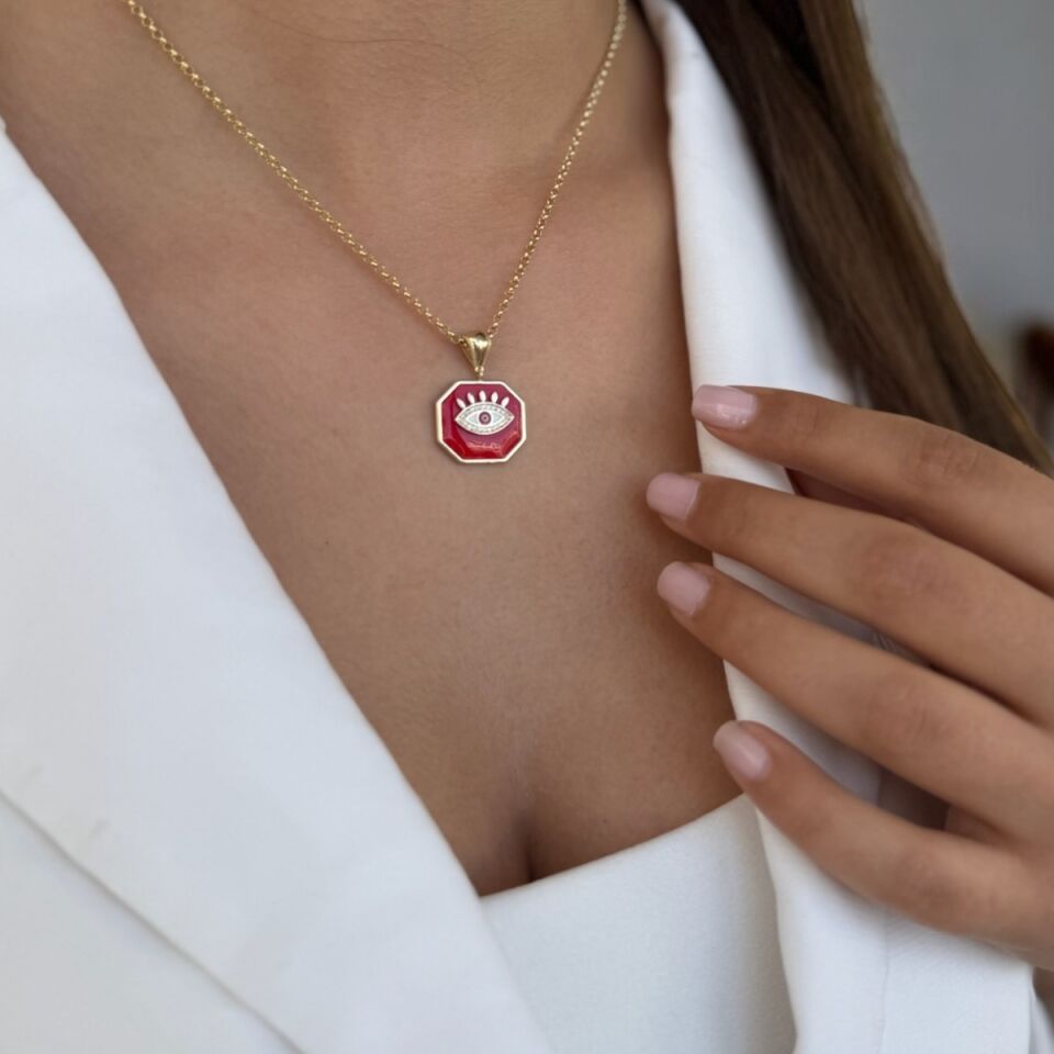14 AYAR KIRMIZI MİNELİ GÖZ MADALYONLU ALTIN KOLYE