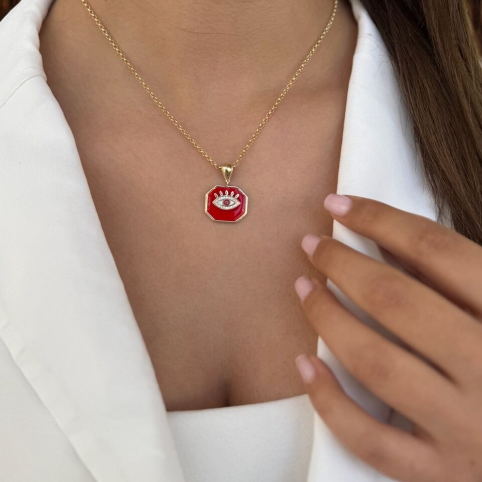 14 AYAR KIRMIZI MİNELİ GÖZ MADALYONLU ALTIN KOLYE