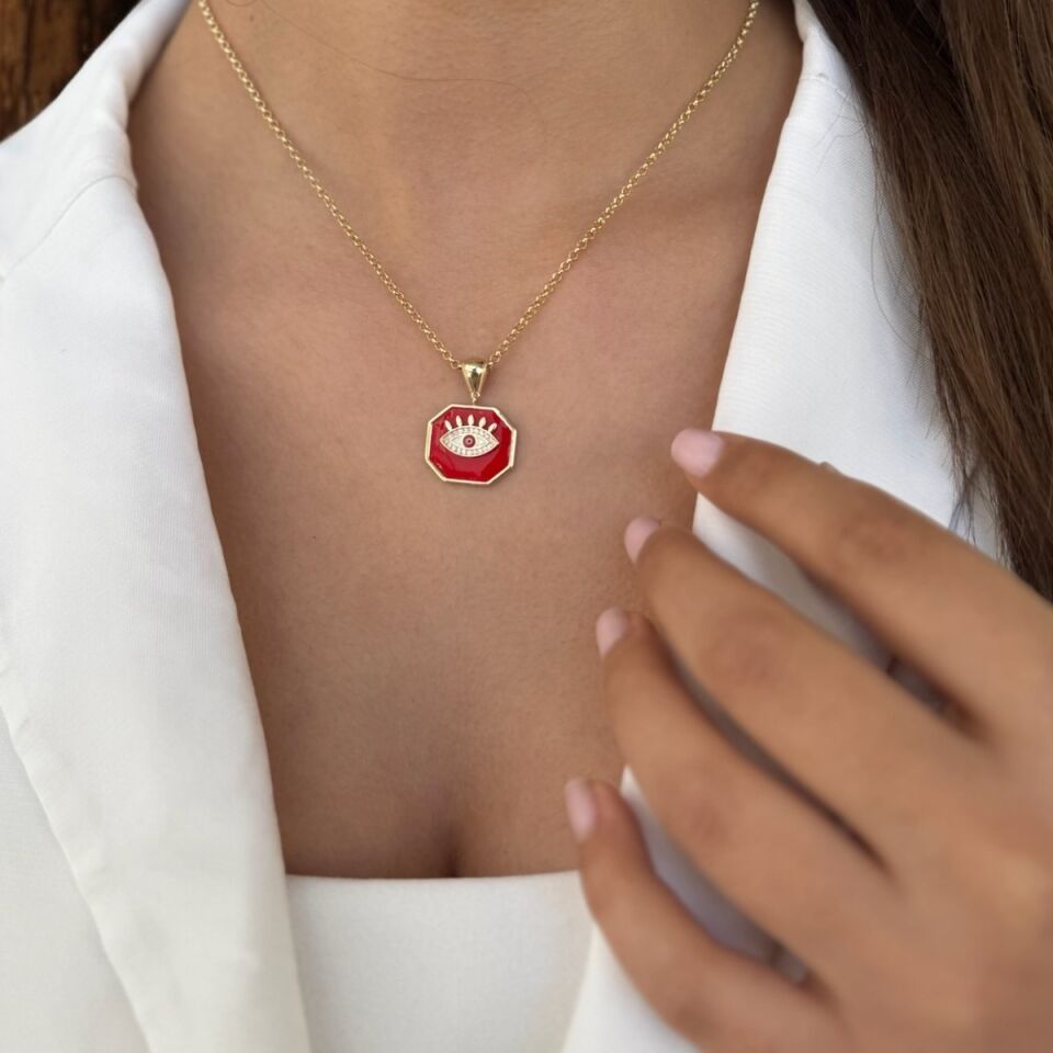 14 AYAR KIRMIZI MİNELİ GÖZ MADALYONLU ALTIN KOLYE