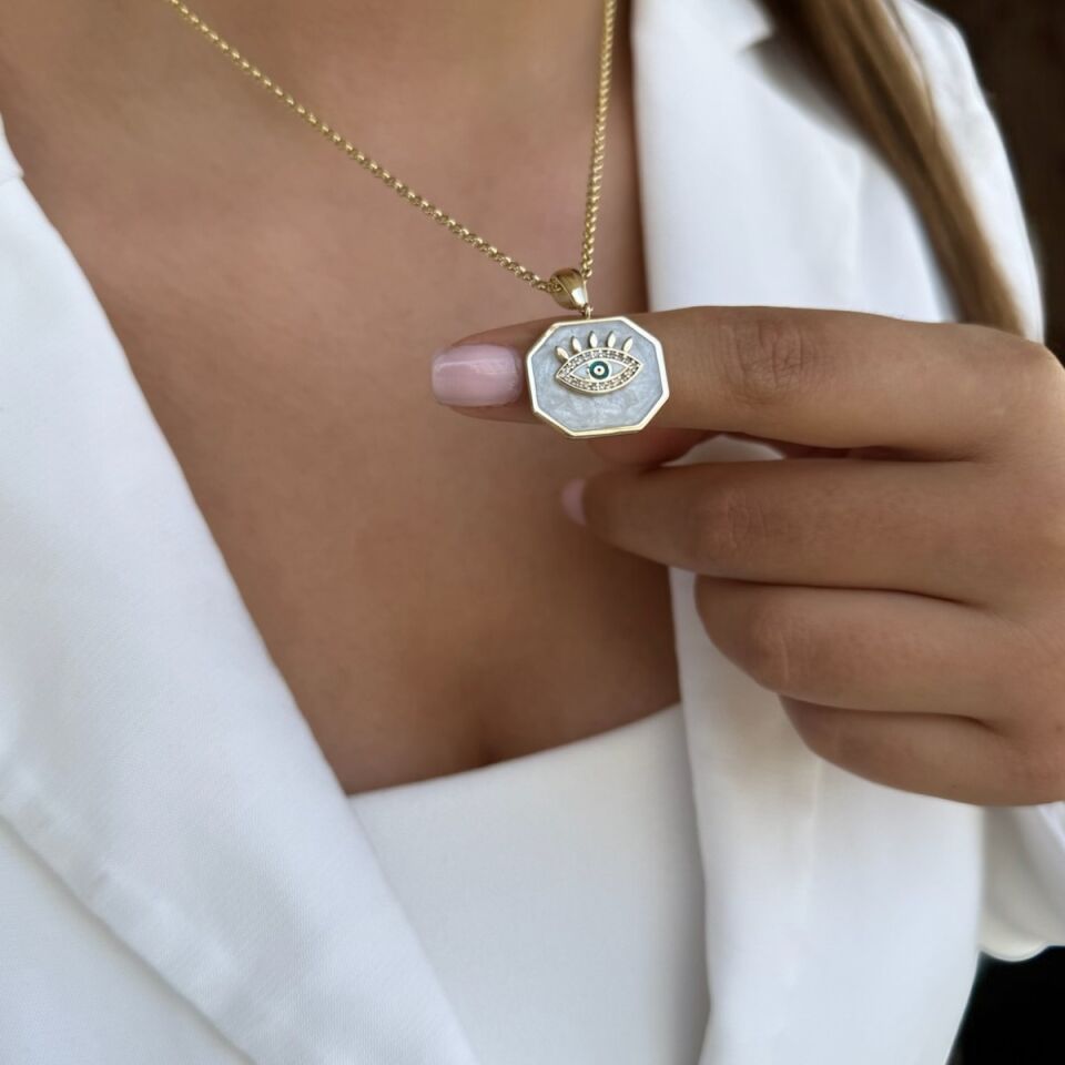 14 AYAR SEDEF MİNELİ GÖZ MADALYONLU ALTIN KOLYE