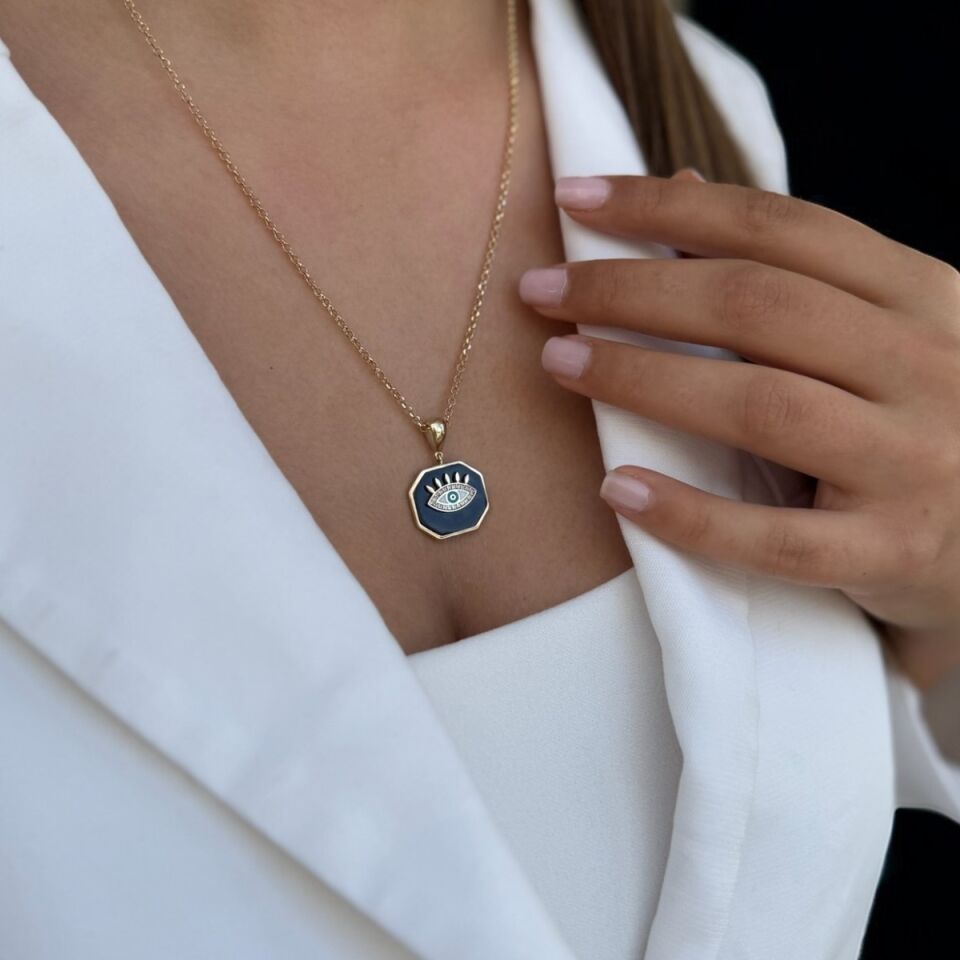 14 AYAR SİYAH MİNELİ GÖZ MADALYONLU ALTIN KOLYE