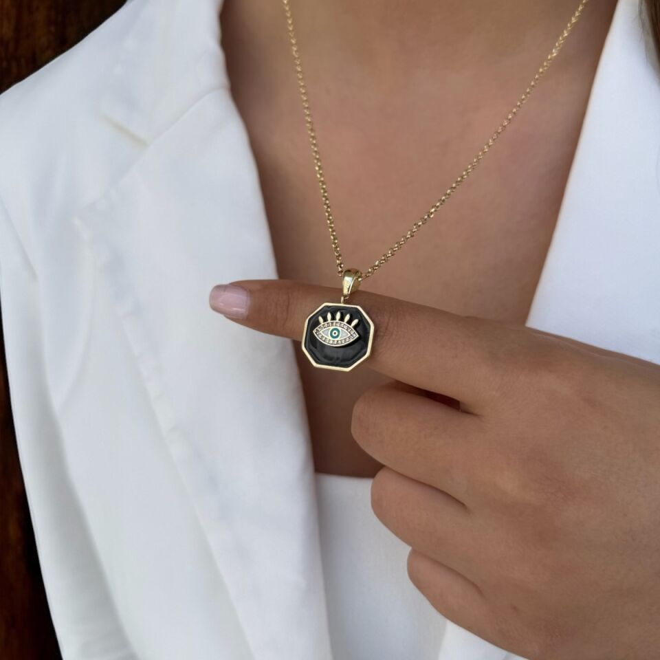 14 AYAR SİYAH MİNELİ GÖZ MADALYONLU ALTIN KOLYE