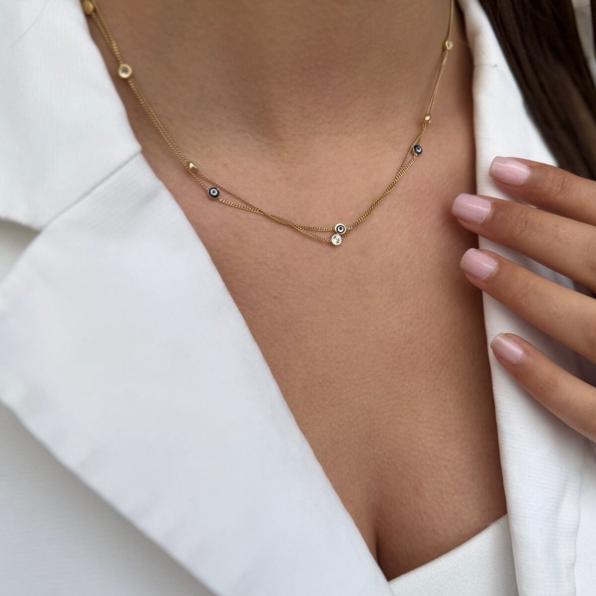 14 AYAR ÇİFT ZİNCİRLİ NAZAR BONCUĞU MİNELİ ALTIN KOLYE