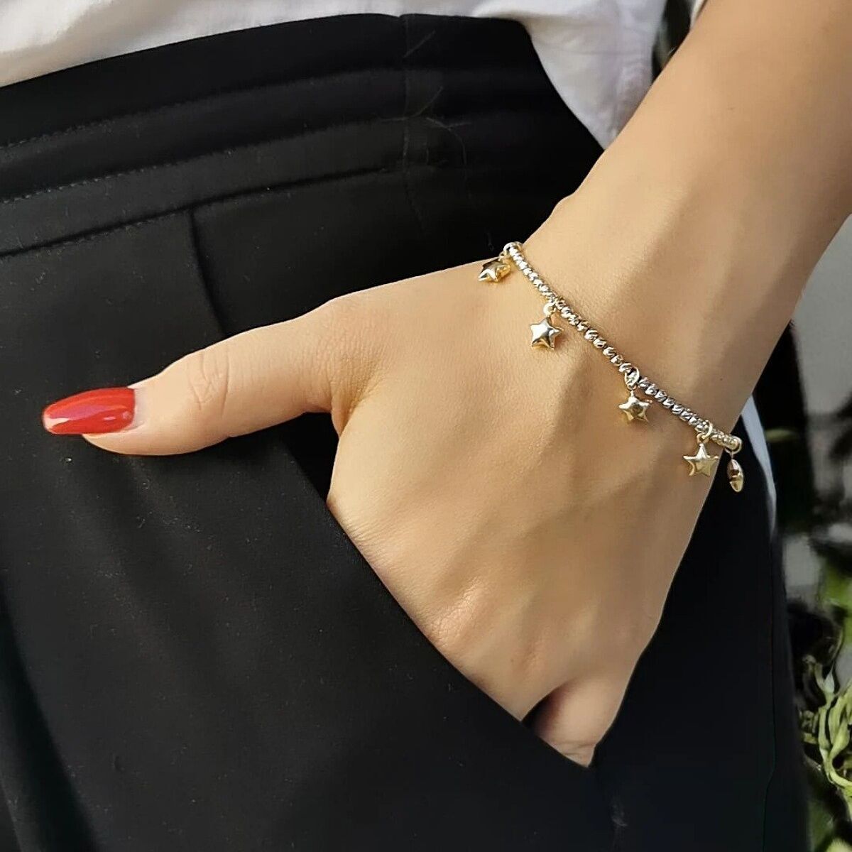 14 AYAR PARLAK ÜÇ RENK TOPLARDAN OLUŞAN YILDIZ CHARMLI ALTIN BİLEKLİK