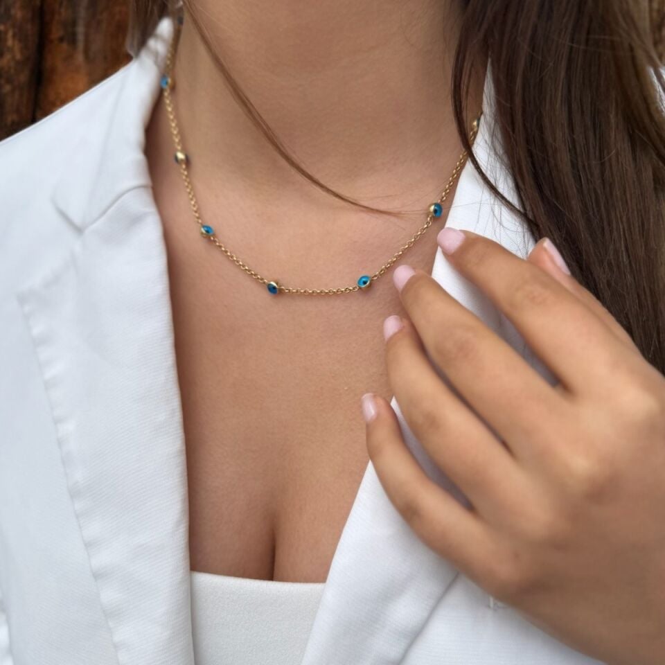 14 AYAR NAZAR BONCUKLU DOC ZİNCİRLİ ALTIN KOLYE