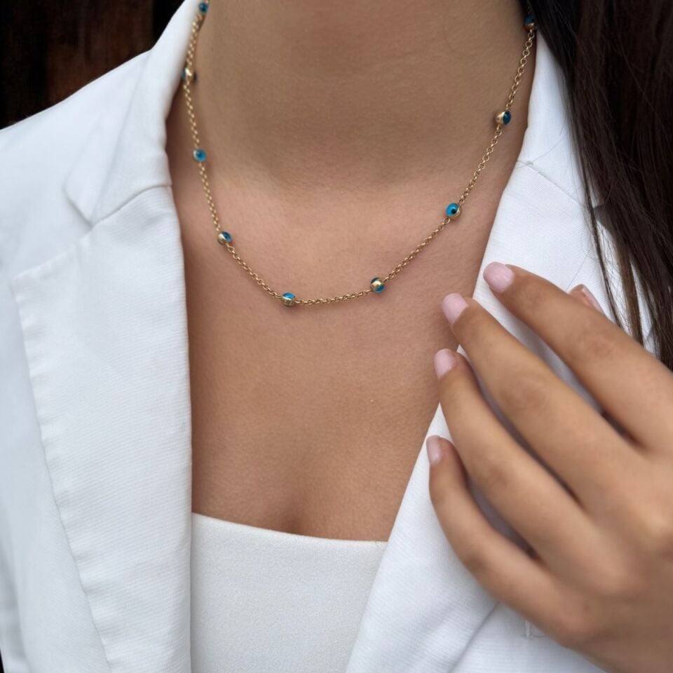 14 AYAR NAZAR BONCUKLU DOC ZİNCİRLİ ALTIN KOLYE