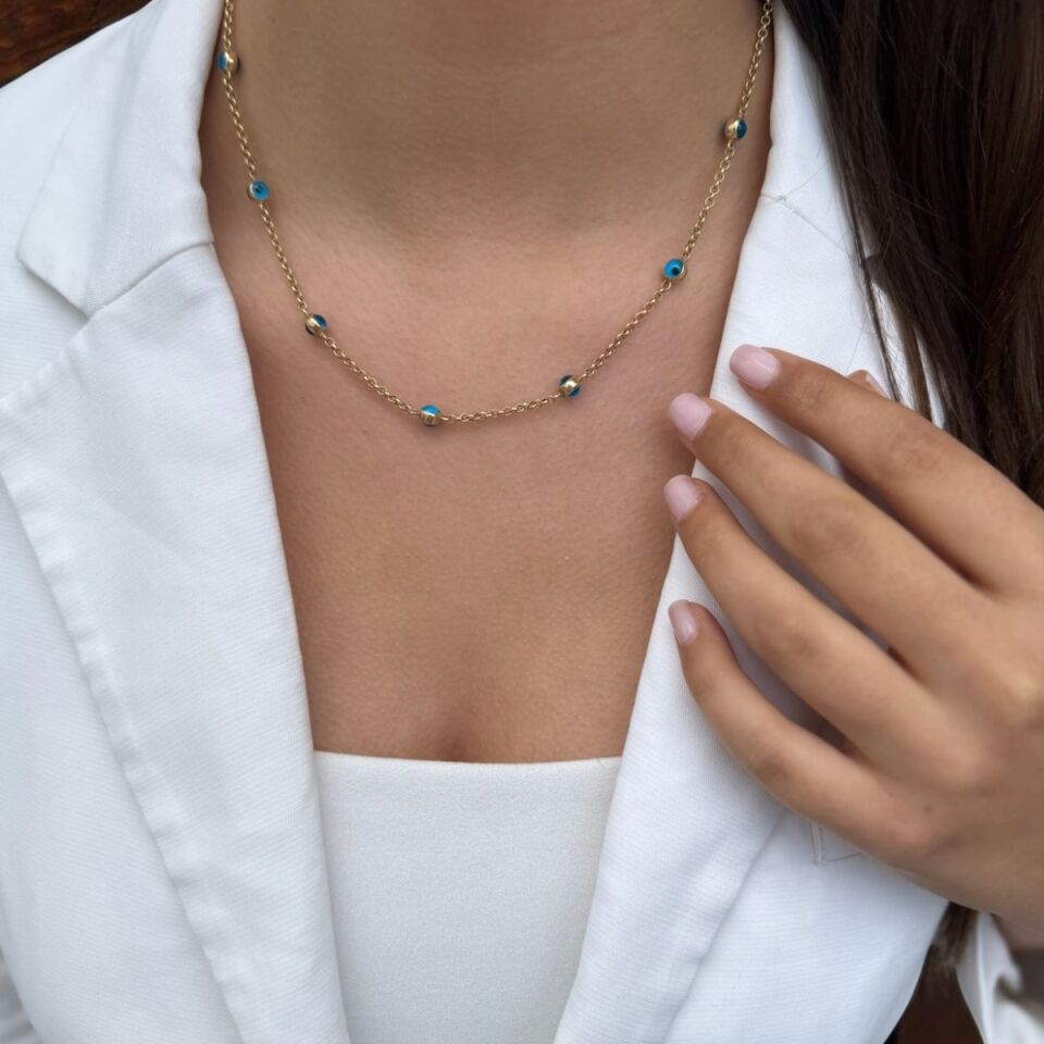 14 AYAR NAZAR BONCUKLU DOC ZİNCİRLİ ALTIN KOLYE