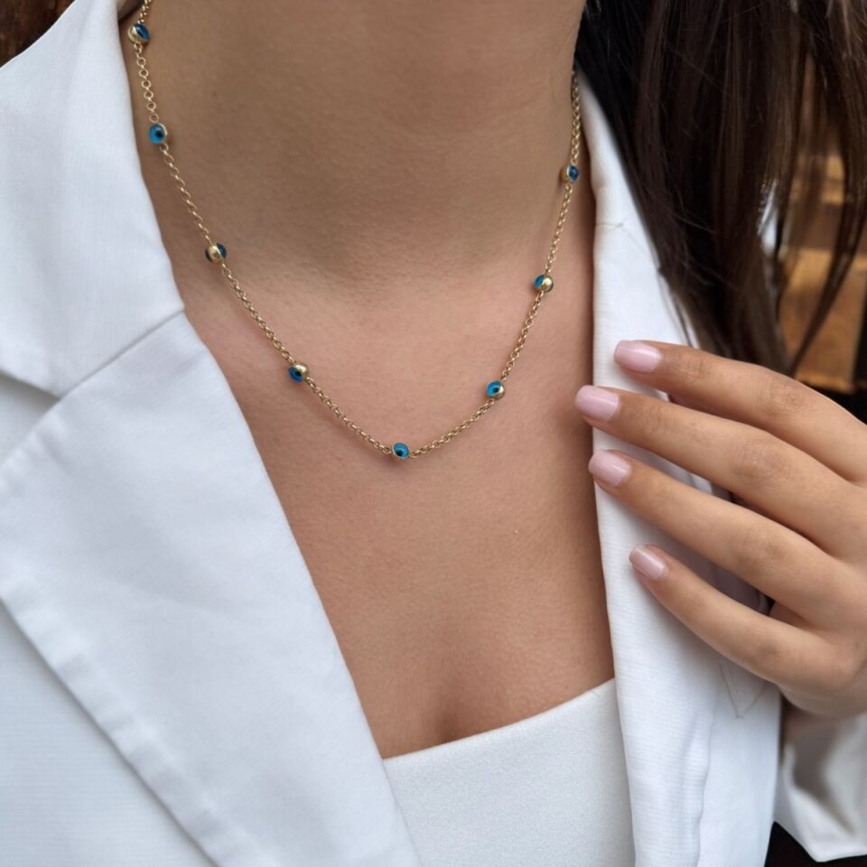 14 AYAR NAZAR BONCUKLU DOC ZİNCİRLİ ALTIN KOLYE