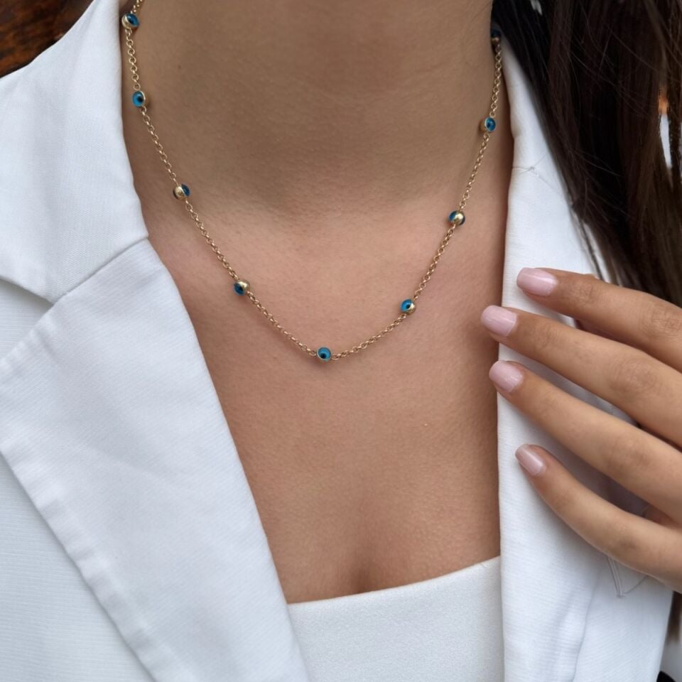 14 AYAR NAZAR BONCUKLU DOC ZİNCİRLİ ALTIN KOLYE