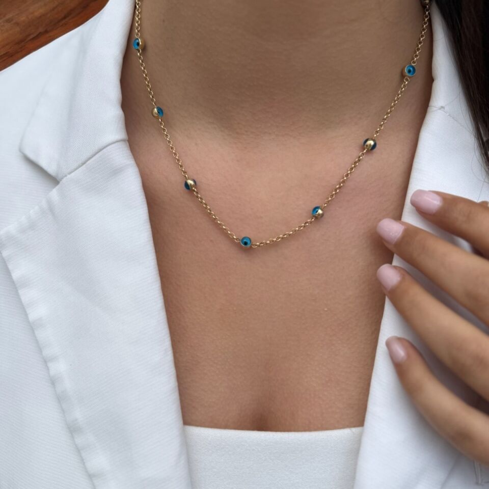 14 AYAR NAZAR BONCUKLU DOC ZİNCİRLİ ALTIN KOLYE