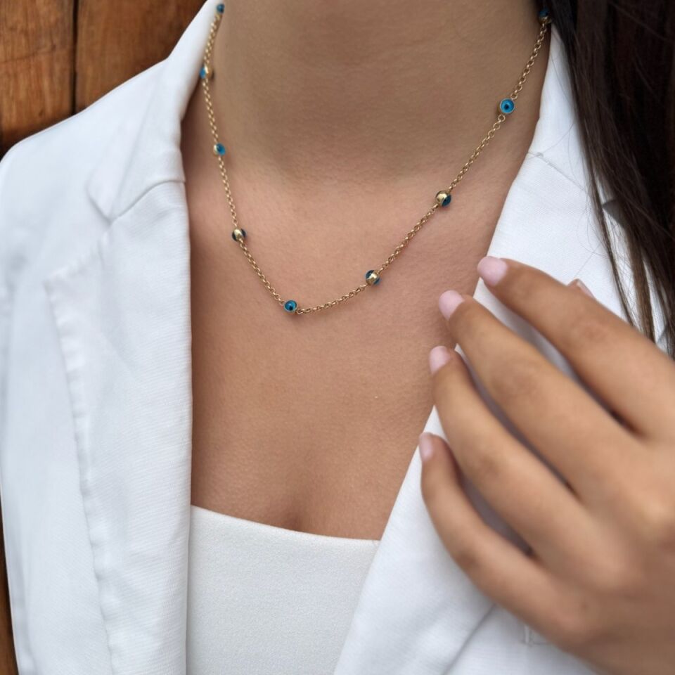 14 AYAR NAZAR BONCUKLU DOC ZİNCİRLİ ALTIN KOLYE