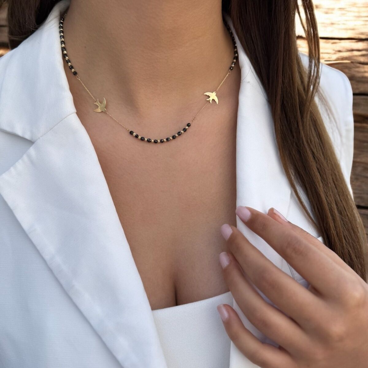 14 AYAR ÖZEL TASARIM SİYAH ONİKS TAŞLI VE ANKA KUŞLU ALTIN KOLYE