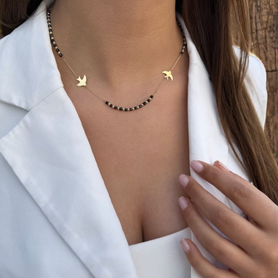 14 AYAR ÖZEL TASARIM SİYAH ONİKS TAŞLI VE ANKA KUŞLU ALTIN KOLYE