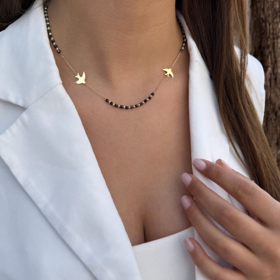 14 AYAR ÖZEL TASARIM SİYAH ONİKS TAŞLI VE ANKA KUŞLU ALTIN KOLYE