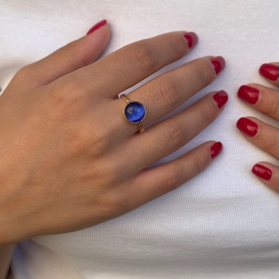 14 AYAR LACİVERT KEDİ GÖZÜ ALTIN YÜZÜK