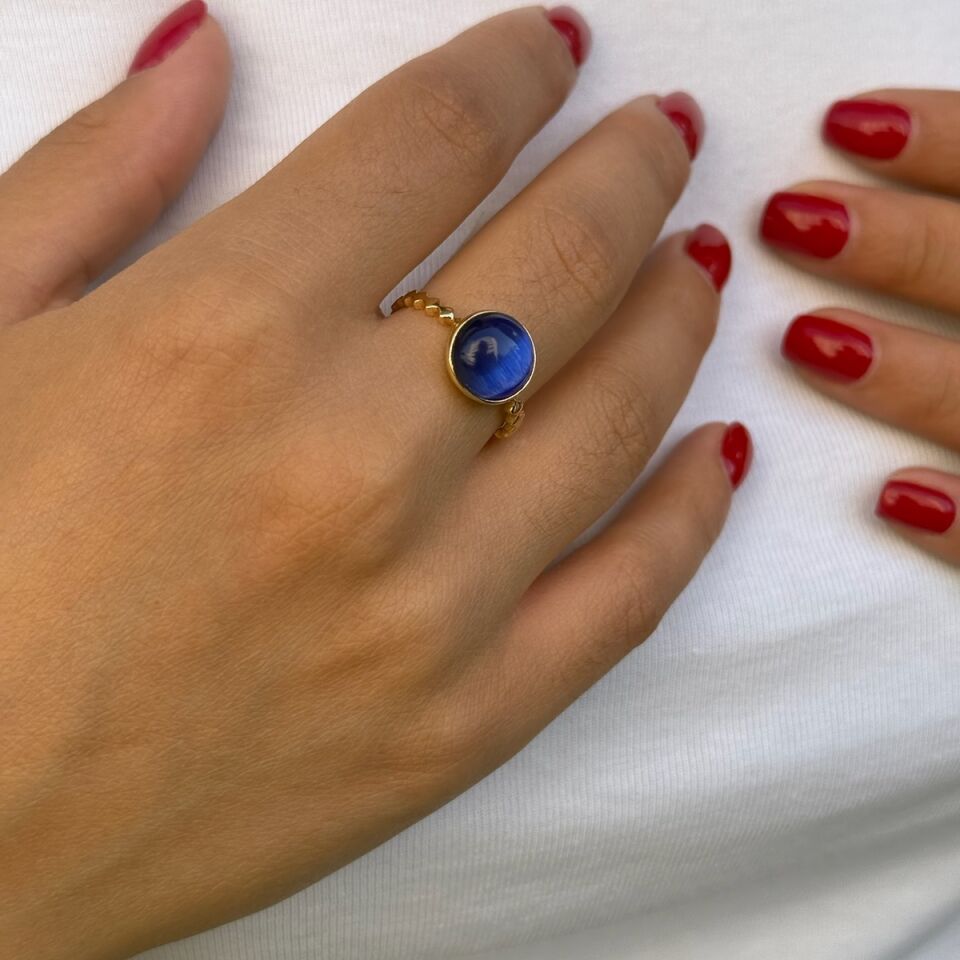 14 AYAR LACİVERT KEDİ GÖZÜ ALTIN YÜZÜK