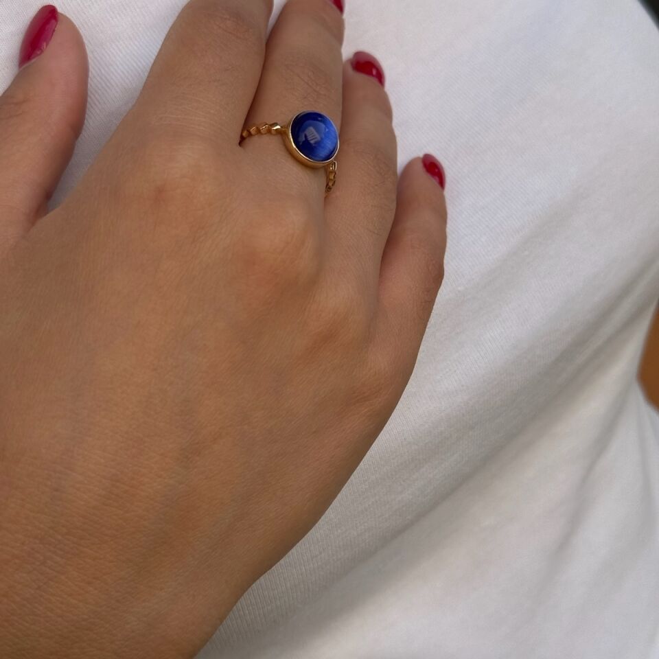 14 AYAR LACİVERT KEDİ GÖZÜ ALTIN YÜZÜK