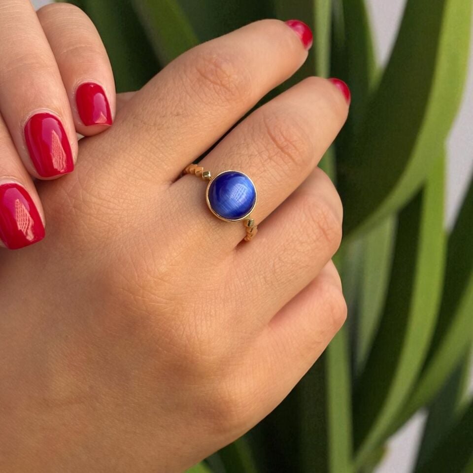 14 AYAR LACİVERT KEDİ GÖZÜ ALTIN YÜZÜK