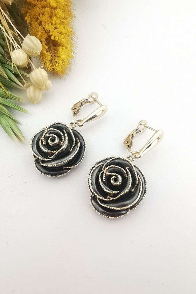 14 Ayar İtalyan Komple Altın Siyah Rodajlı İtalyan Altın Gül Küpe