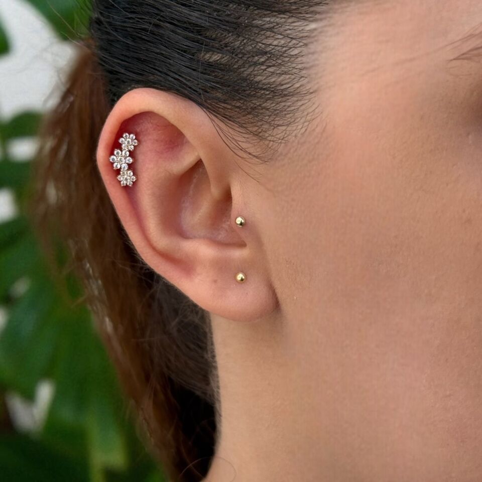 14 AYAR TAŞLI TASARIM ÜÇ ÇİÇEK TRAGUS VE HELİX KÜPE