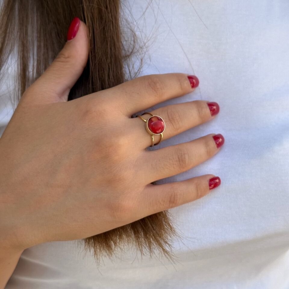 14 Ayar Orjinal Mercan Taşlı El Yapımı Yüzük