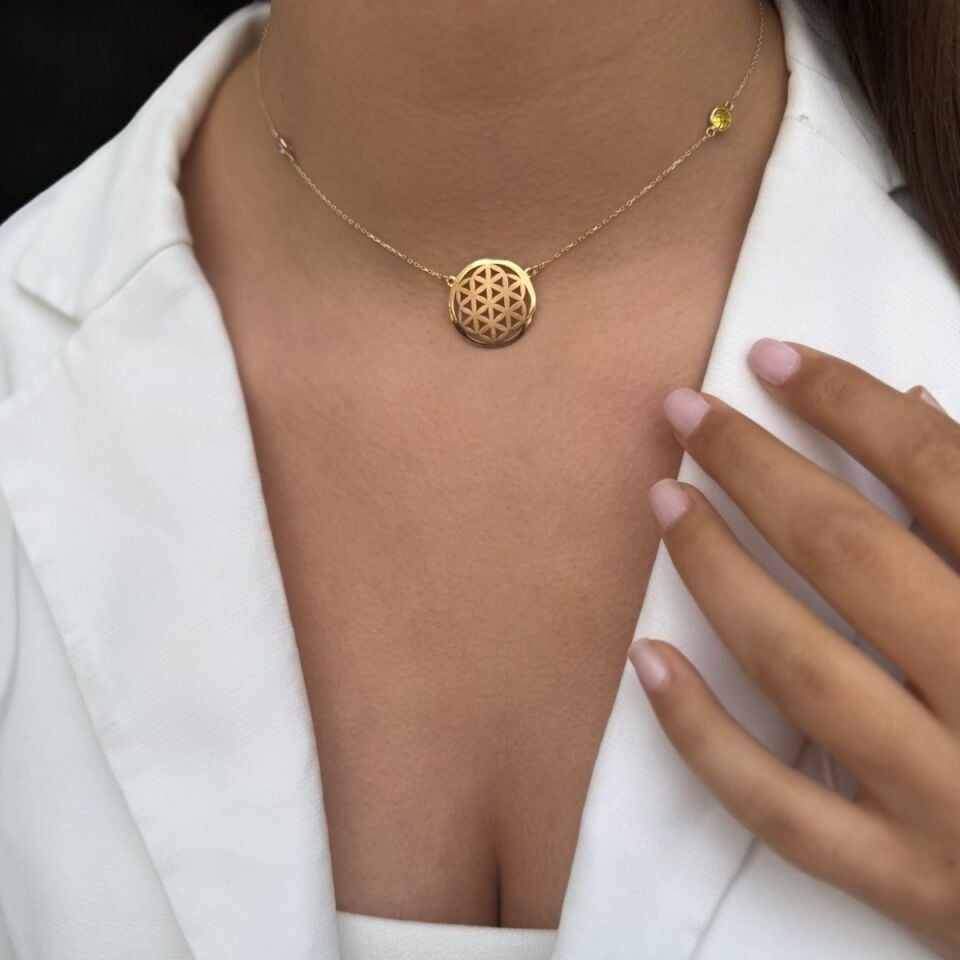 14 Ayar Pink Kuvars Ve Citrin Taştan Oluşan Yaşam Çiçeği Kolye