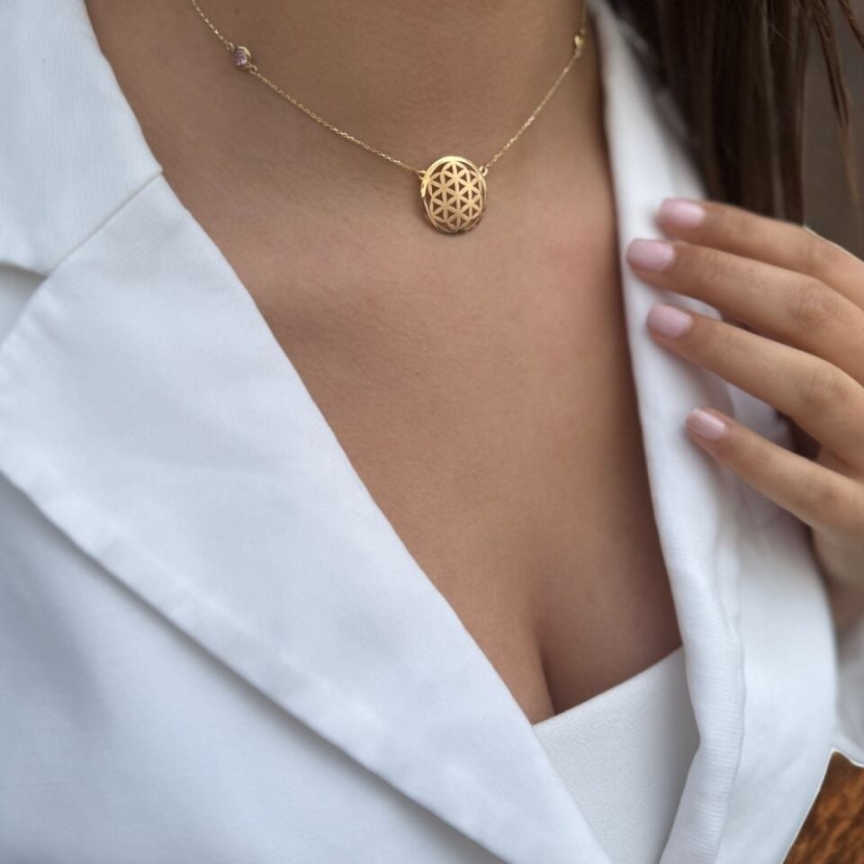 14 Ayar Pink Kuvars Ve Citrin Taştan Oluşan Yaşam Çiçeği Kolye