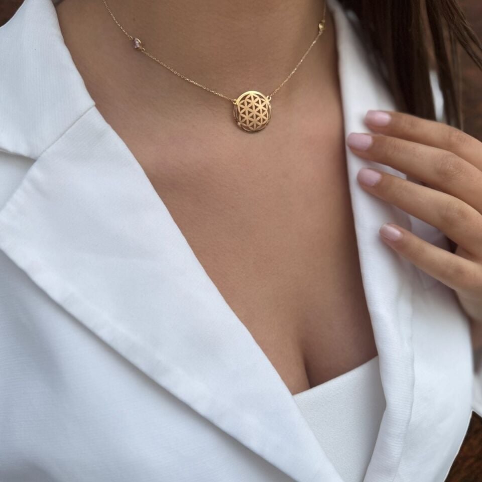 14 Ayar Pink Kuvars Ve Citrin Taştan Oluşan Yaşam Çiçeği Kolye