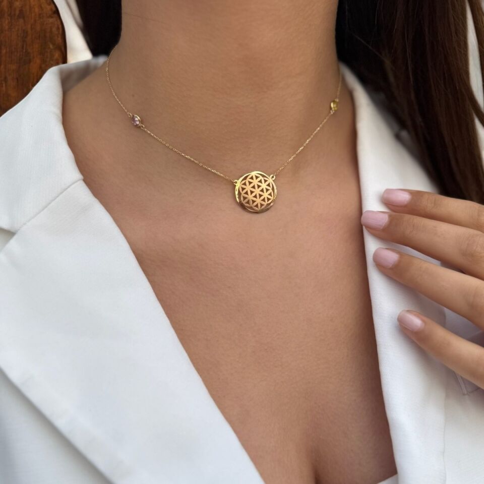 14 Ayar Pink Kuvars Ve Citrin Taştan Oluşan Yaşam Çiçeği Kolye