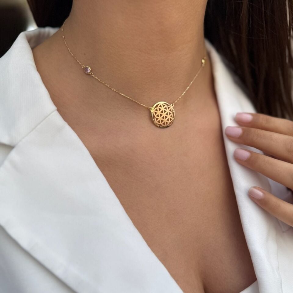 14 Ayar Pink Kuvars Ve Citrin Taştan Oluşan Yaşam Çiçeği Kolye