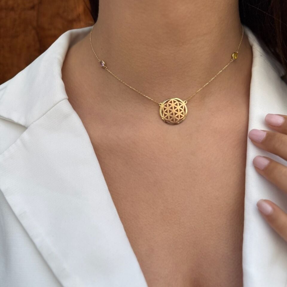 14 Ayar Pink Kuvars Ve Citrin Taştan Oluşan Yaşam Çiçeği Kolye