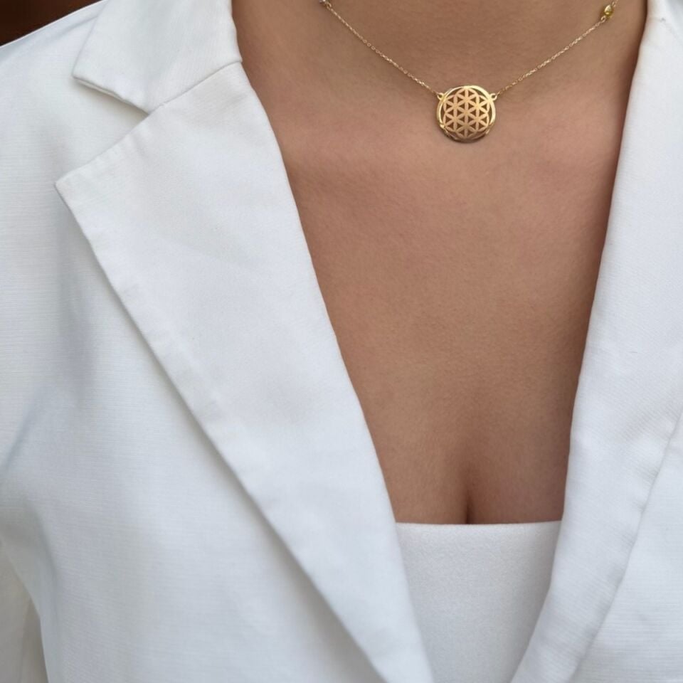 14 Ayar Pink Kuvars Ve Citrin Taştan Oluşan Yaşam Çiçeği Kolye