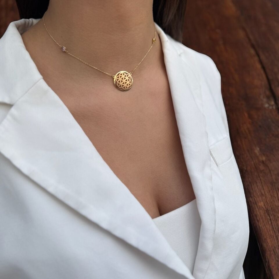 14 Ayar Pink Kuvars Ve Citrin Taştan Oluşan Yaşam Çiçeği Kolye