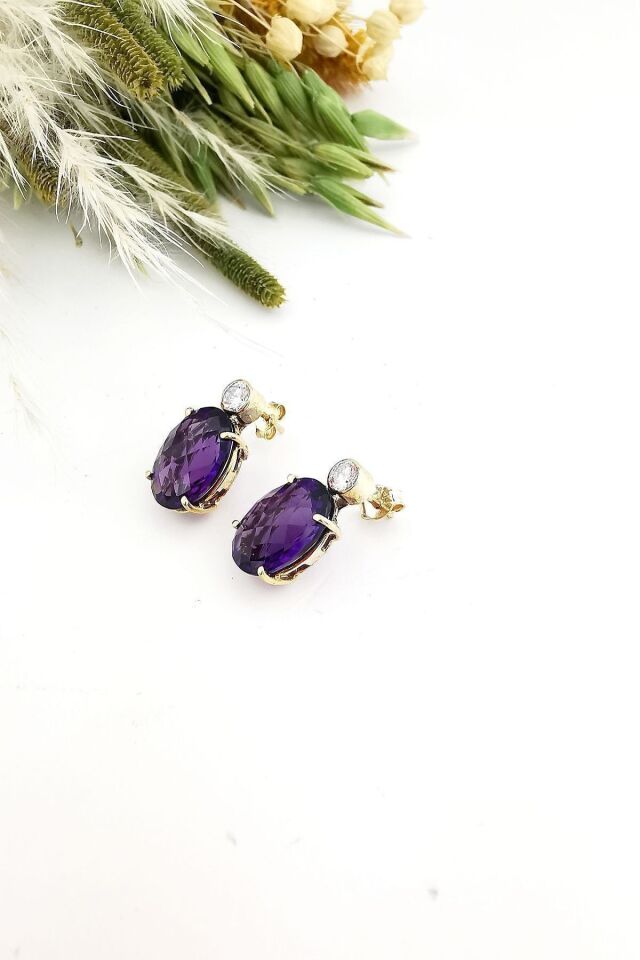 14 Ayar Ametist Taşlı Küpe