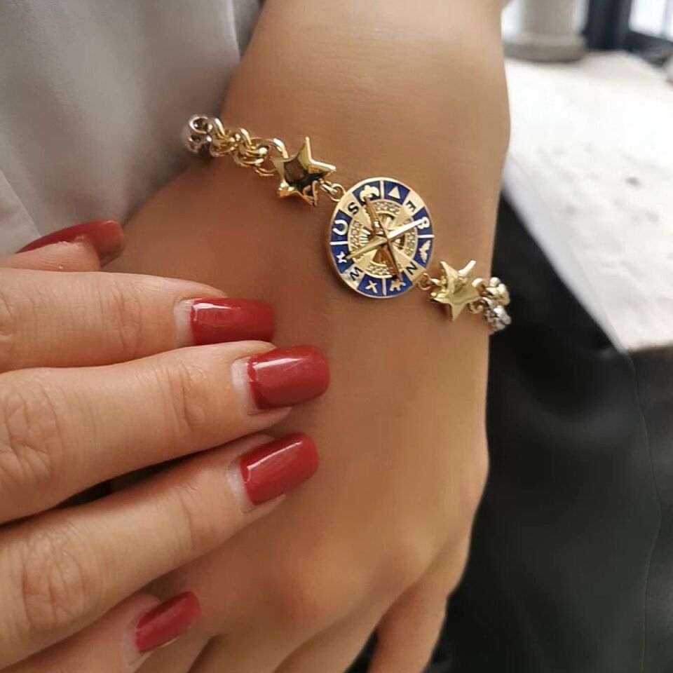 14 Ayar Lacivert Mineli Üstü Dönen Pusula Şans Bilekliği