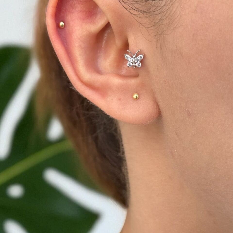14 AYAR BEYAZ ALTIN KELEBEK TRAGUS VE HELİX KÜPE