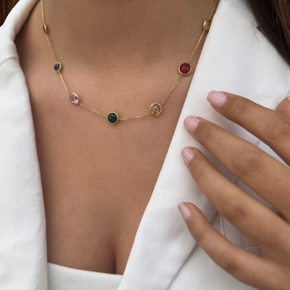 14 AYAR ÖZEL TASARIM RENKLİ KRİSTAL TAŞLI KOLYE