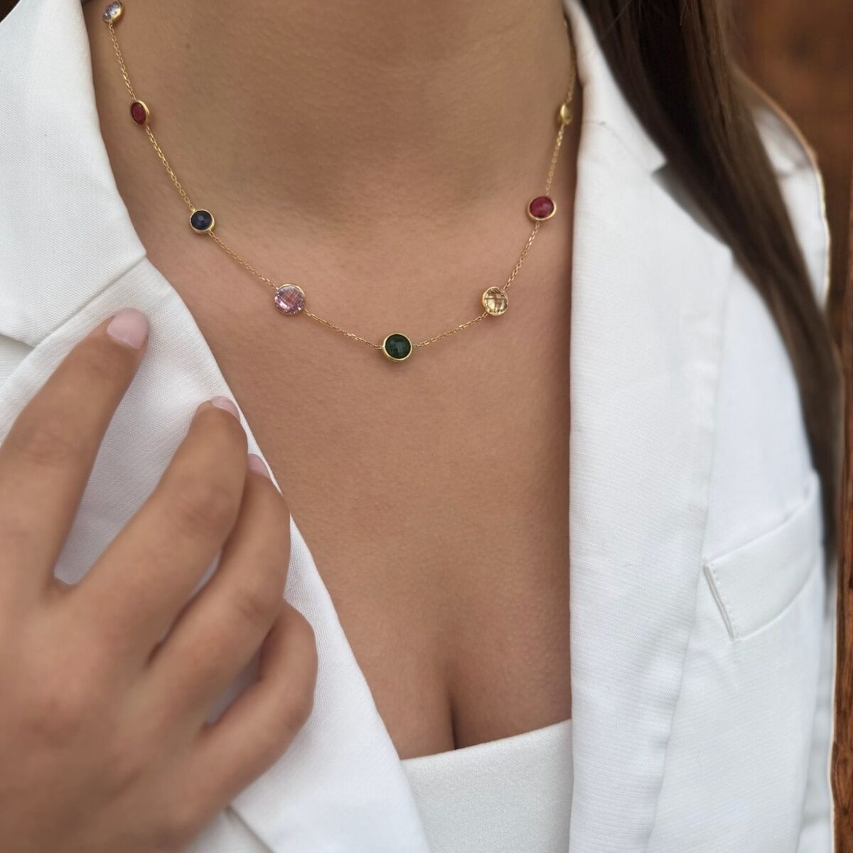 14 AYAR ÖZEL TASARIM RENKLİ KRİSTAL TAŞLI KOLYE